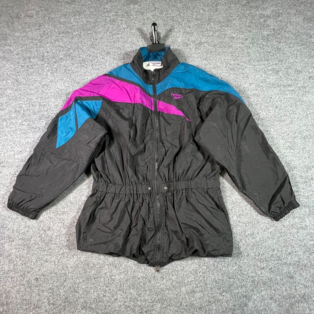 VTG Reebok Windbreaker Jacket Mens XL Black Full Zip Elastic Waist Hip Hop 90s